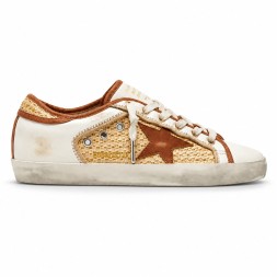 Golden Goose Superstar in White Leather and Raffia with Brick-Red Star and Inserts