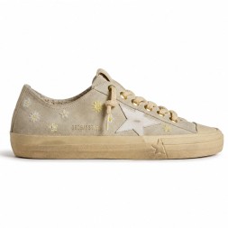 Golden Goose V-Star in Ice-Gray Suede with White Star and Floral Embroidery