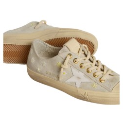 Golden Goose V-Star in Ice-Gray Suede with White Star and Floral Embroidery