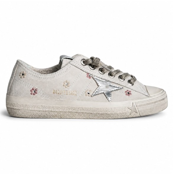 Женские кеды Golden Goose V-Star in Beige Suede with Silver Star
