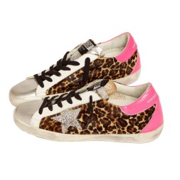 Golden Goose Superstar in Leopard Pint with Silver Glitter Star and Fuchsia Heel Tab