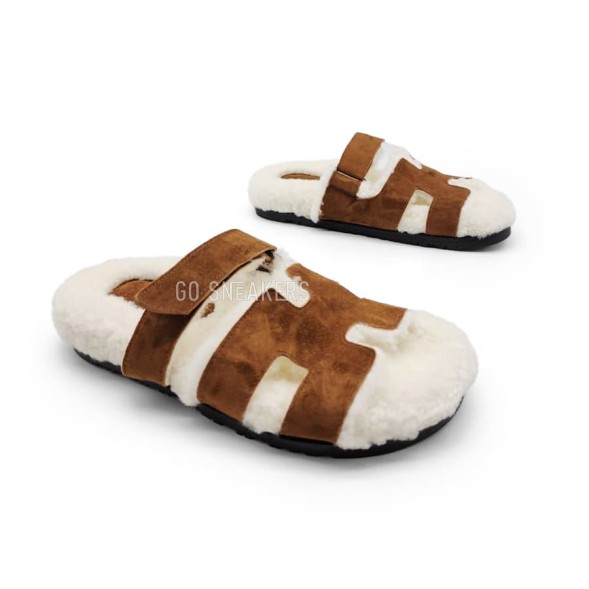 Женские сандалии Hermes Flip-flops Wool/Suede Brown